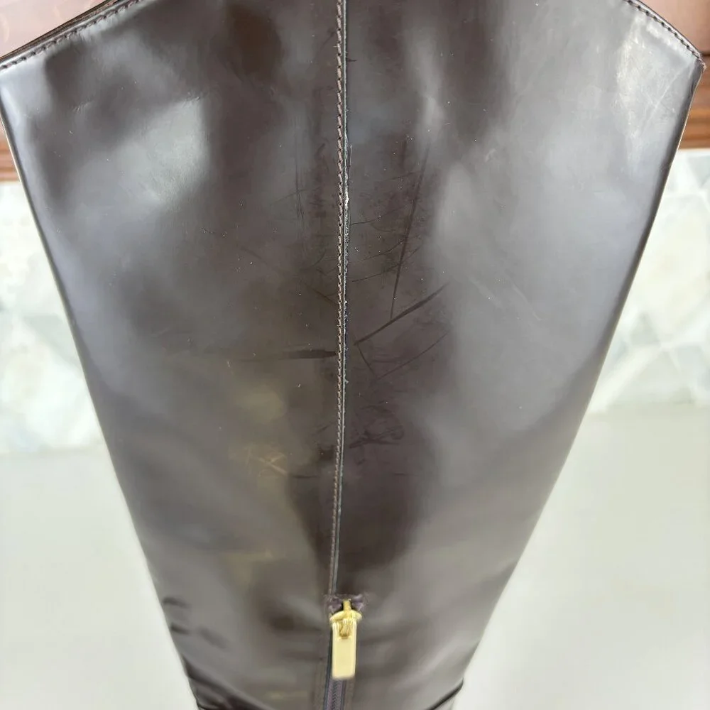 39/9 Dark Brown Walnut Round Toe Block Heel Wide Sole Knee High Pull On Zip Boot - Picture 4 of 16